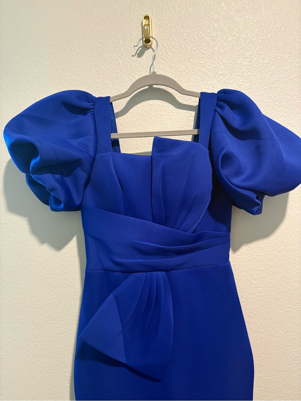 Royal Blue Puff-Sleeve Mermaid Maxi Dress with Waist Bow - Picture 2 of 5